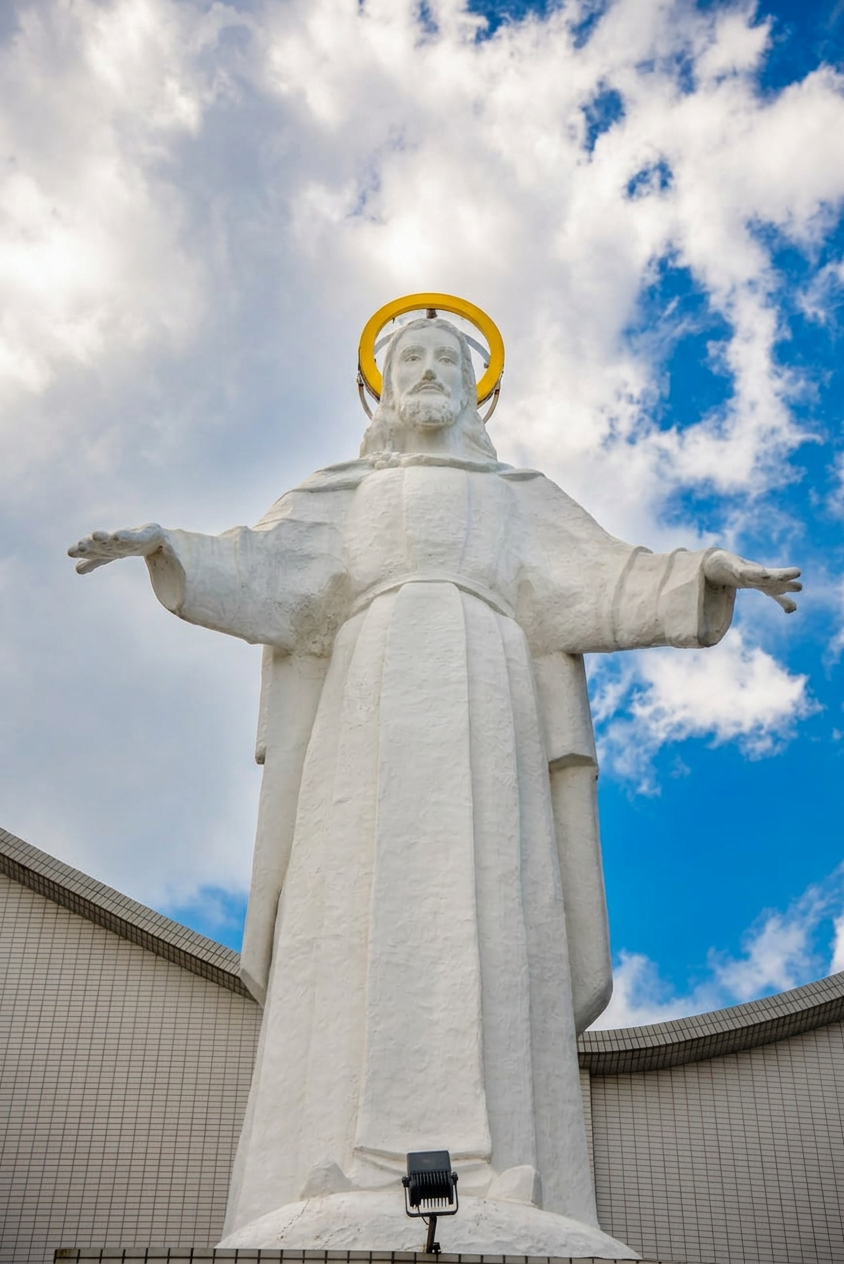 statue of jesus christ with halo against sky